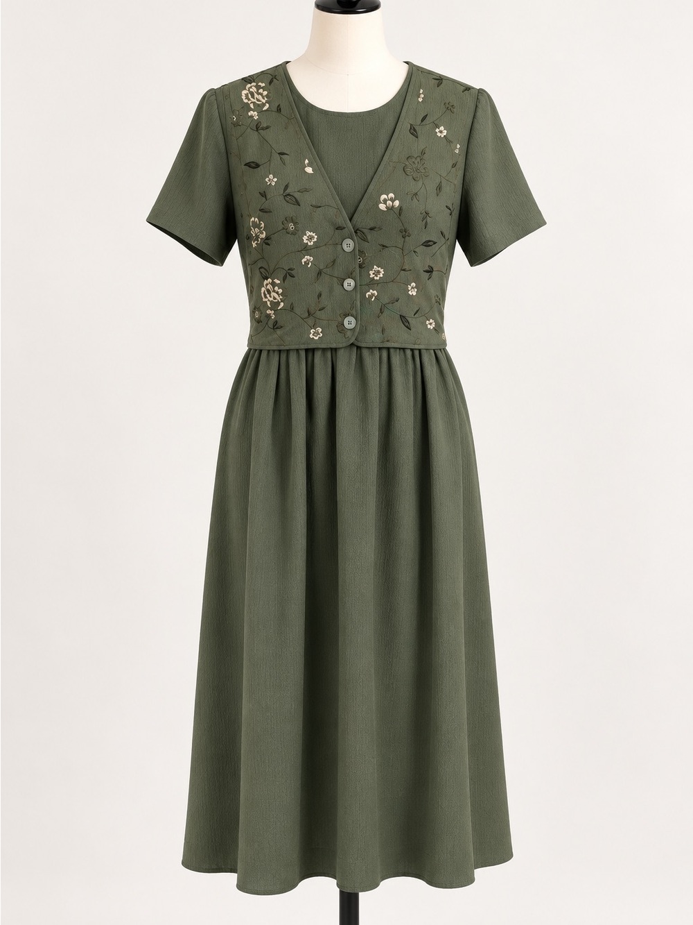 Vintage 90s Olive Green Embroidered Midi Dress Cottagecore Size 10